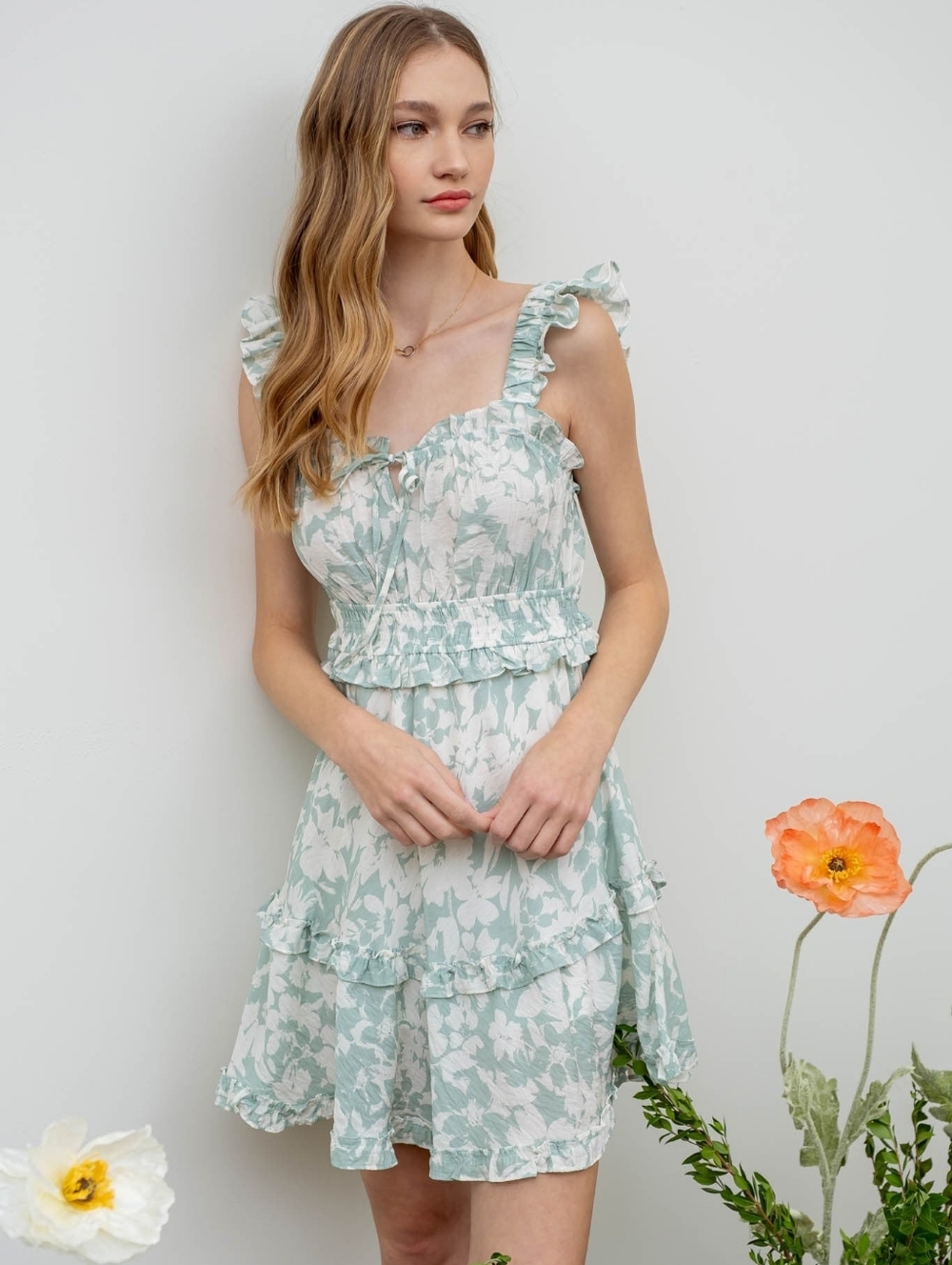 Blu Pepper Light Mint Floral Ruffle Sundress